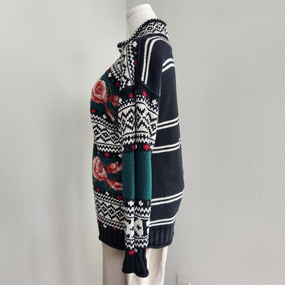 Vintage 90s Express Tricot Knit Sweater Floral Fair Isle Mock Neck M - Picture 6 of 10